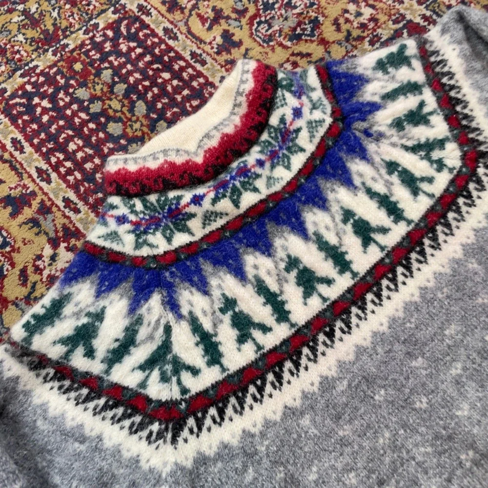 VTG‎ 80s 90s Eddie Bauer Fair Isle Alpine Wool Birdseye Gray Sweater S Felted - Picture 2 of 6